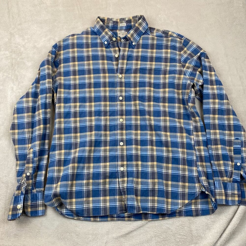 J.Crew Mens Plaid Shirt XL Slim Fit Summer Blue/Beige/Gray Cotton Tailored